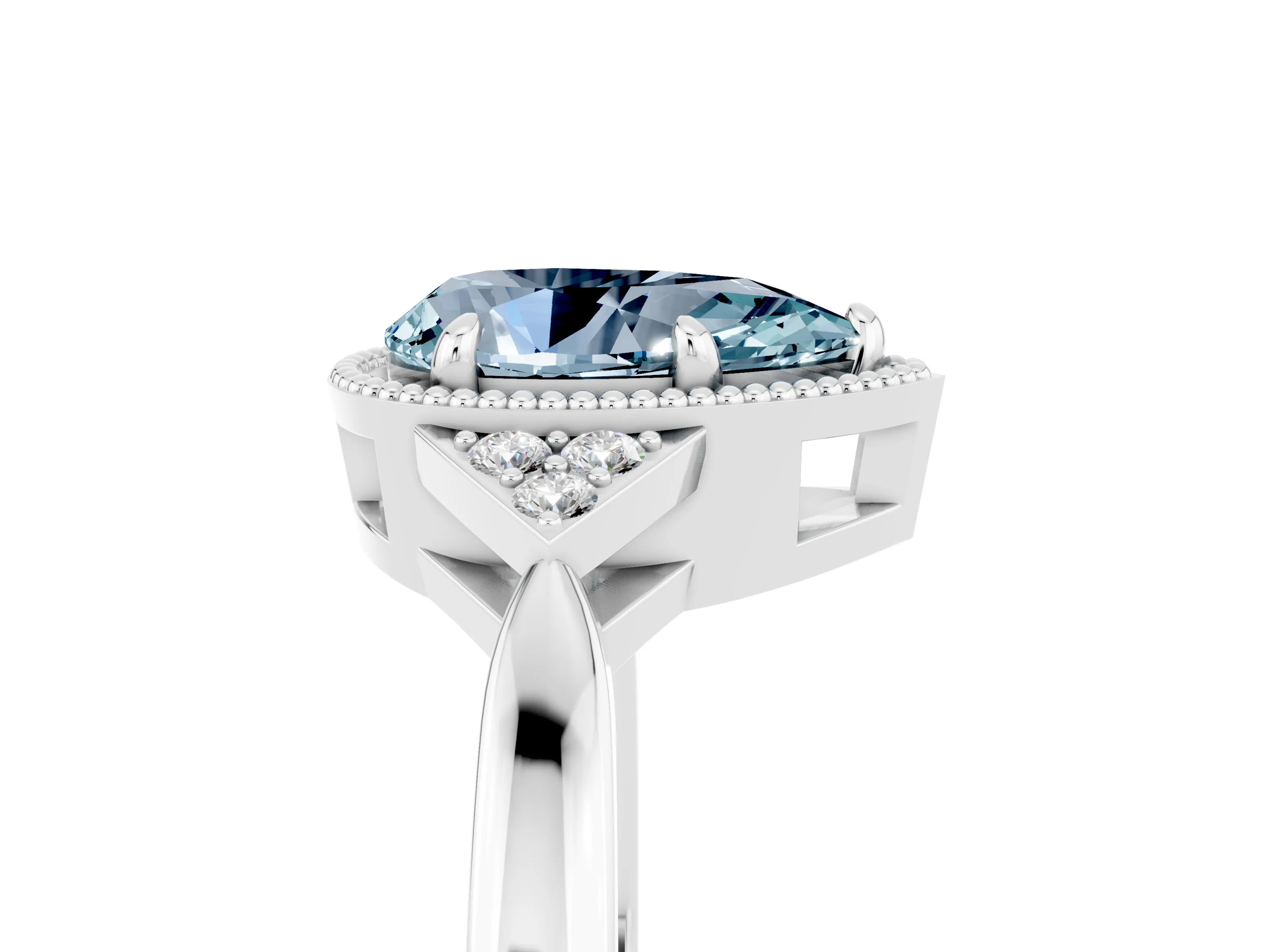 White gold Pear Cut Aquamarine Halo Ring with Tapered Band and Four-Prong Setting_5
