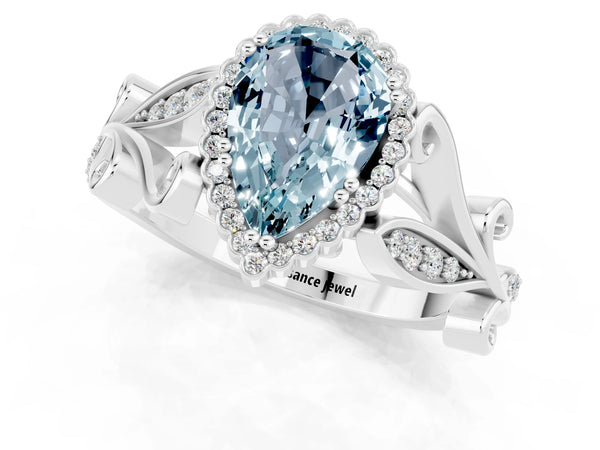 Silver Pear Cut Aquamarine Halo Ring with Vintage Split Shank and Four-Prong Setting