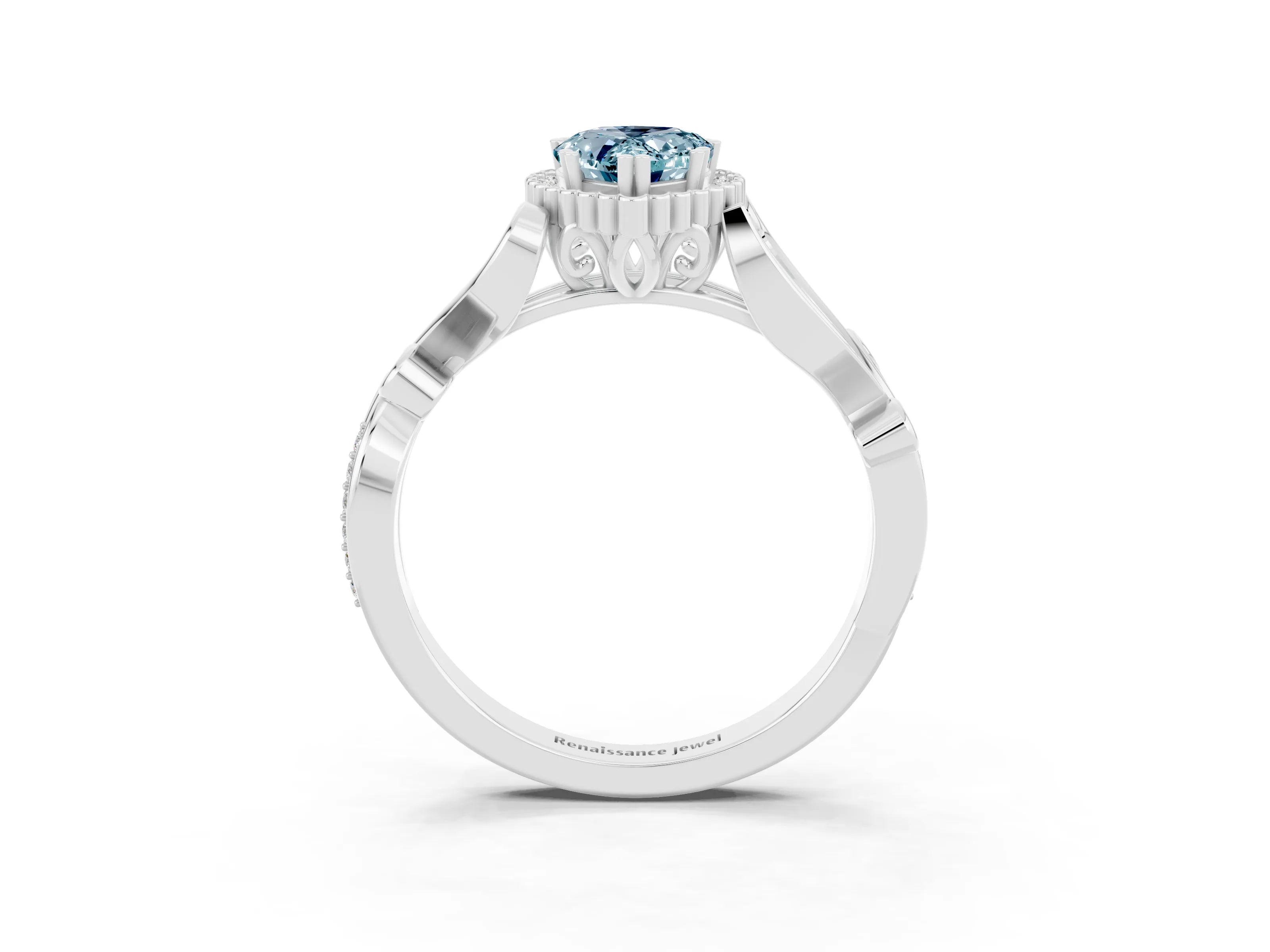 White gold Pear Cut Aquamarine Halo Ring with Vintage Split Shank and Four-Prong Setting_3