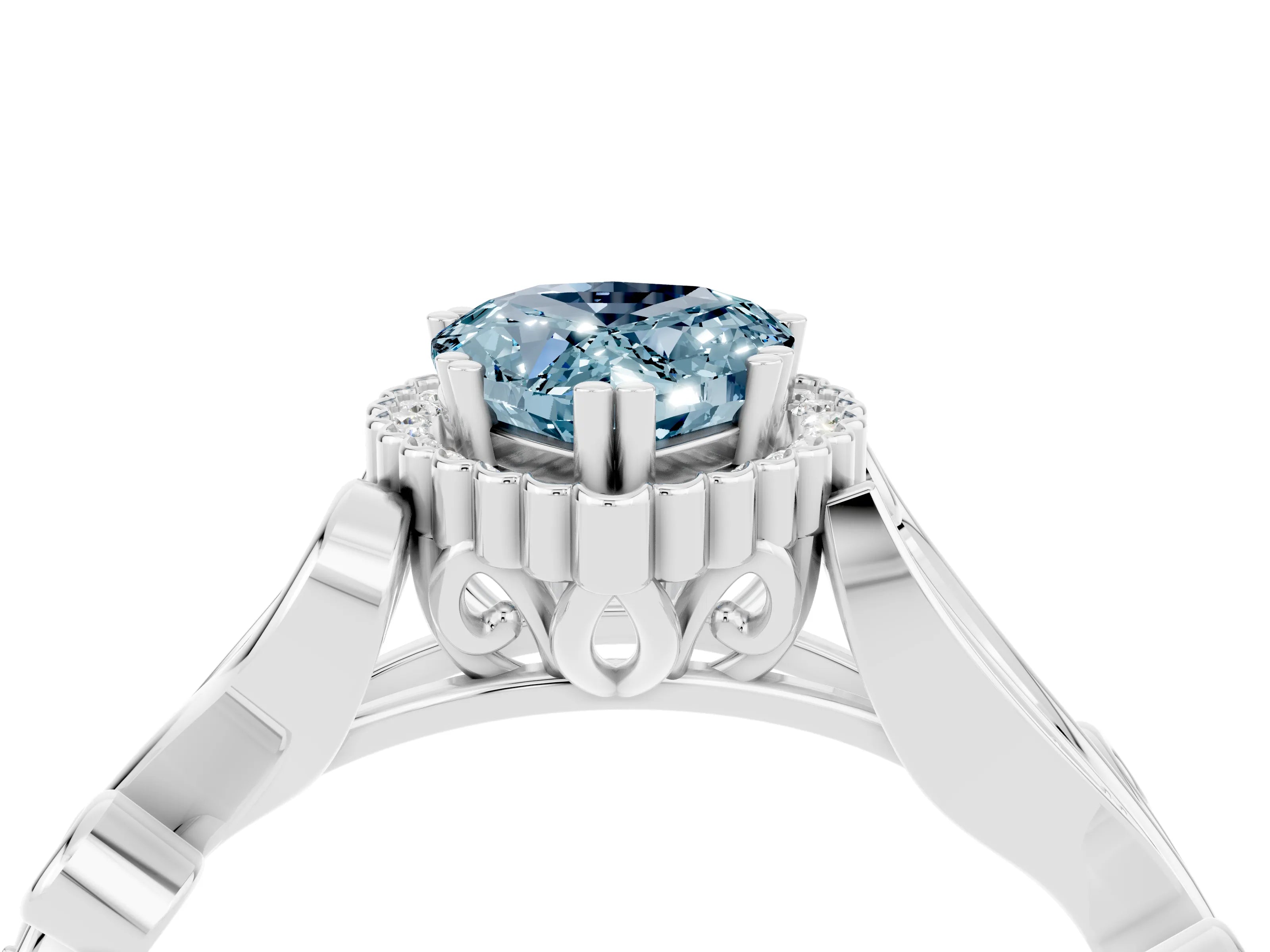 White gold Pear Cut Aquamarine Halo Ring with Vintage Split Shank and Four-Prong Setting_4