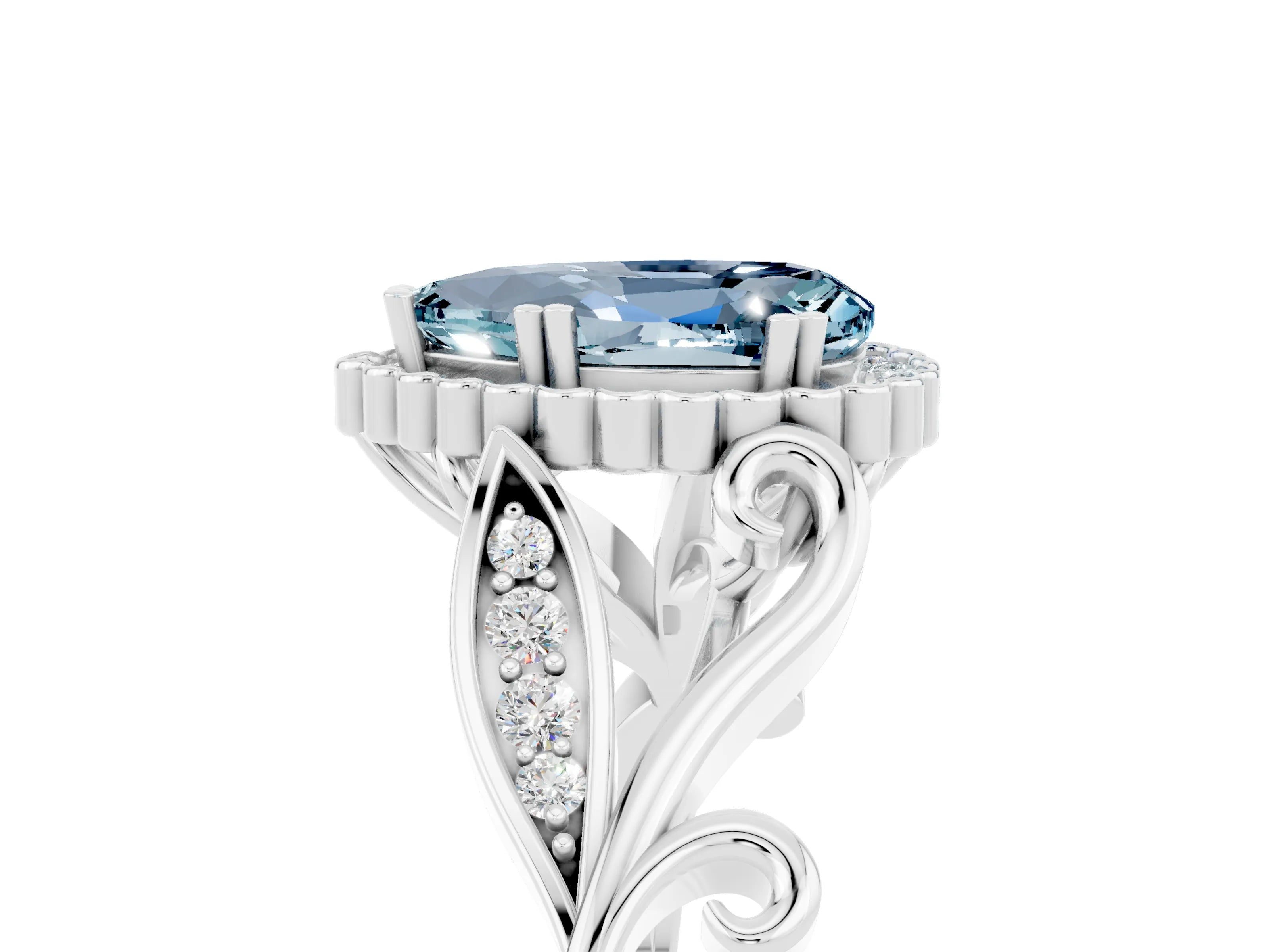 White gold Pear Cut Aquamarine Halo Ring with Vintage Split Shank and Four-Prong Setting_5