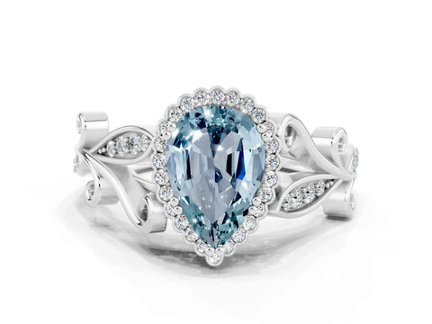 White gold Pear Cut Aquamarine Halo Ring with Vintage Split Shank and Four-Prong Setting