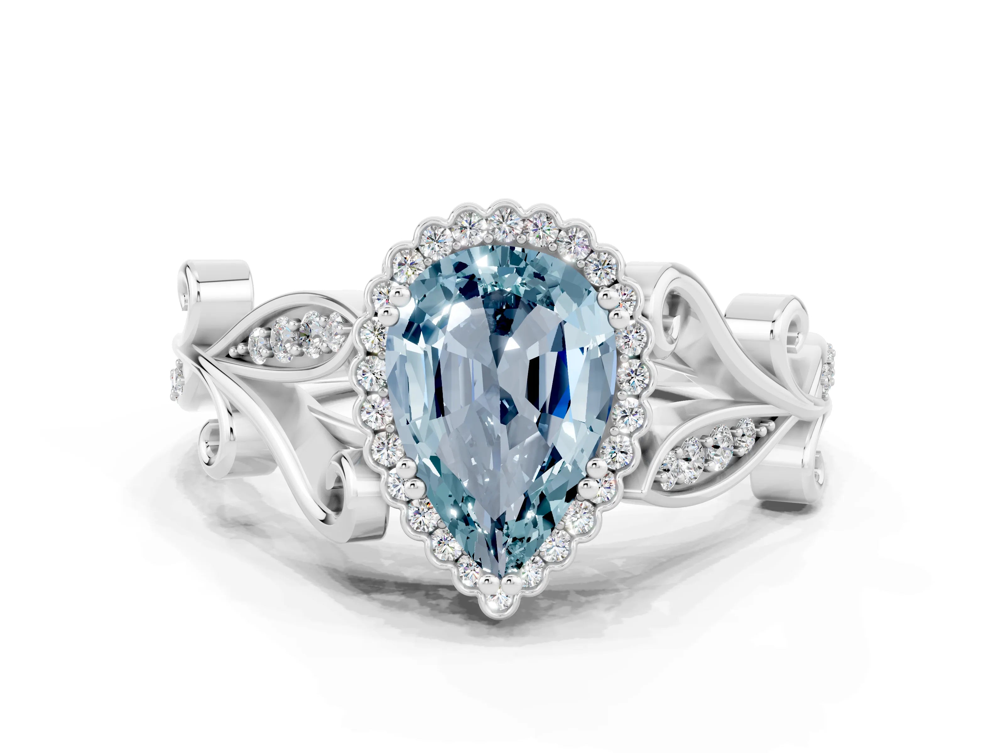 White gold Pear Cut Aquamarine Halo Ring with Vintage Split Shank and Four-Prong Setting
