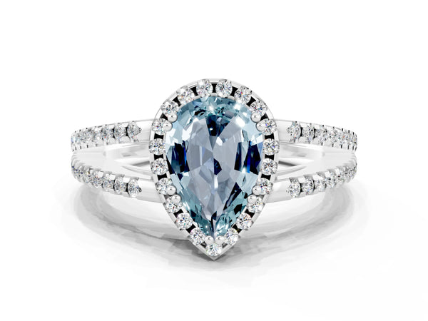 Silver Pear Cut Aquamarine Halo Split Shank Engagement Ring
