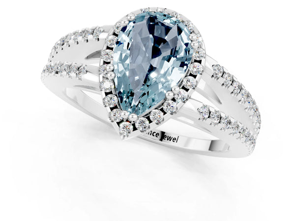 Platinum Pear Cut Aquamarine Halo Split Shank Engagement Ring