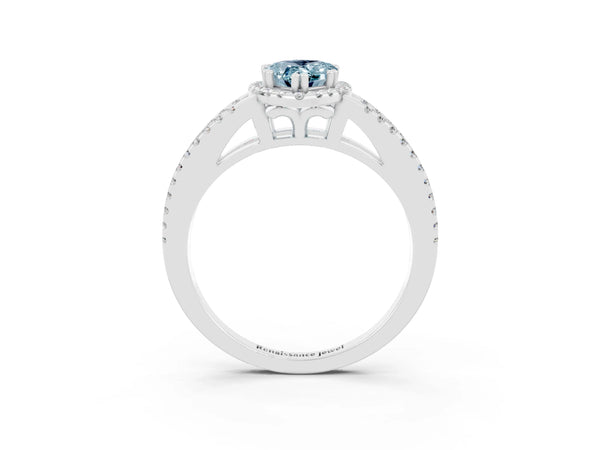 Silver Pear Cut Aquamarine Halo Split Shank Engagement Ring