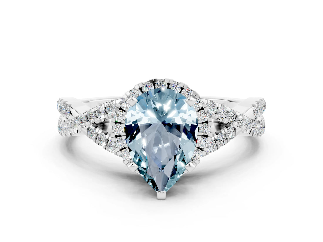 White gold Pear Cut Aquamarine Halo Twist Band Solitaire Prong Setting Ring
