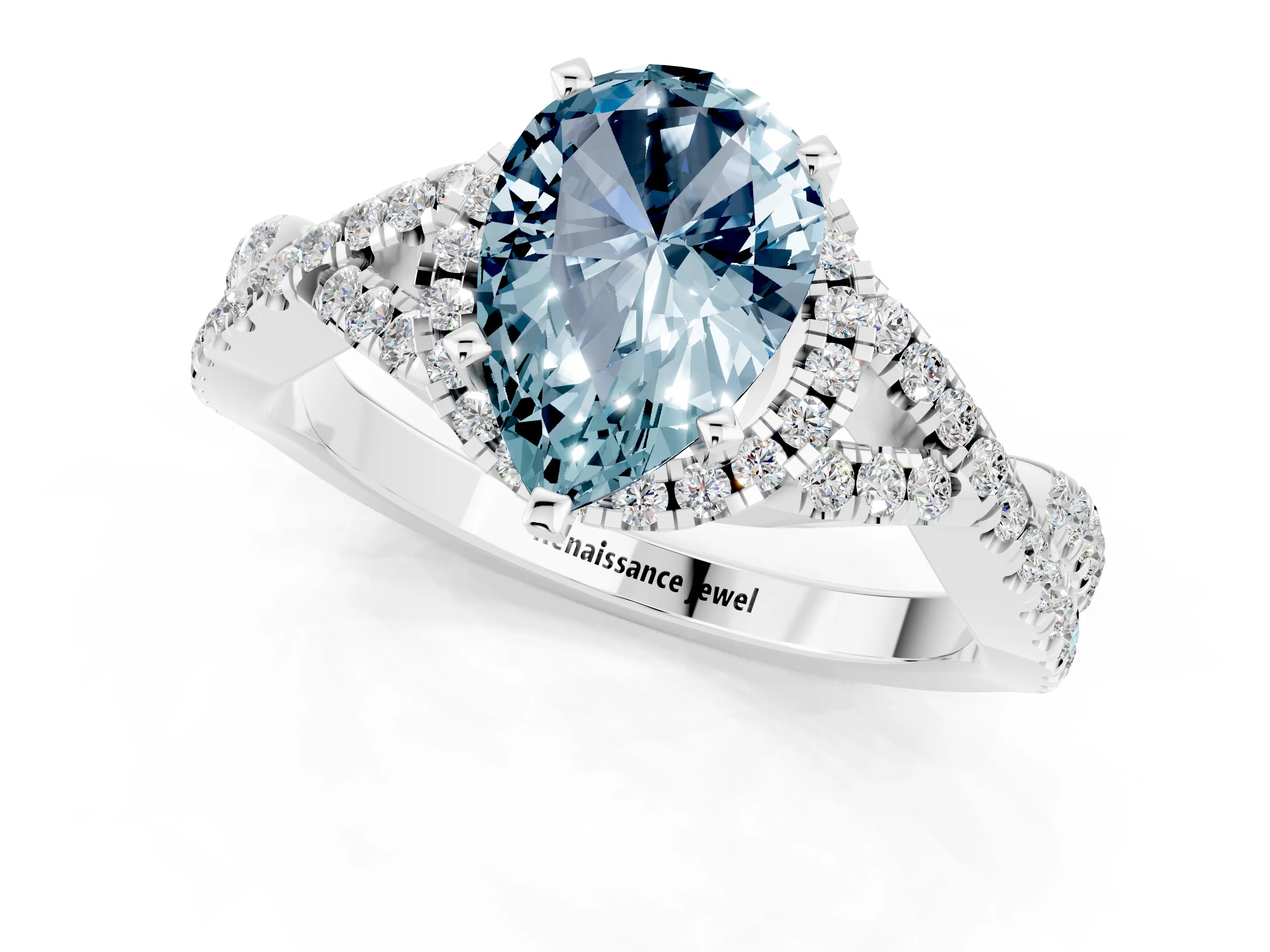 White gold Pear Cut Aquamarine Halo Twist Band Solitaire Prong Setting Ring_1