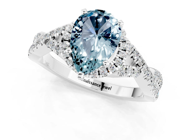 Silver Pear Cut Aquamarine  Halo Twist Band Solitaire Prong Setting Ring