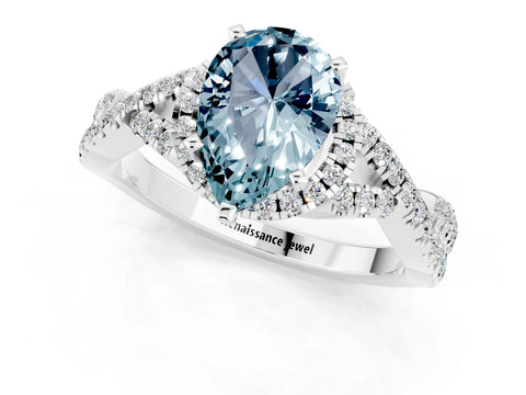 White gold Pear Cut Aquamarine Halo Twist Band Solitaire Prong Setting Ring_1