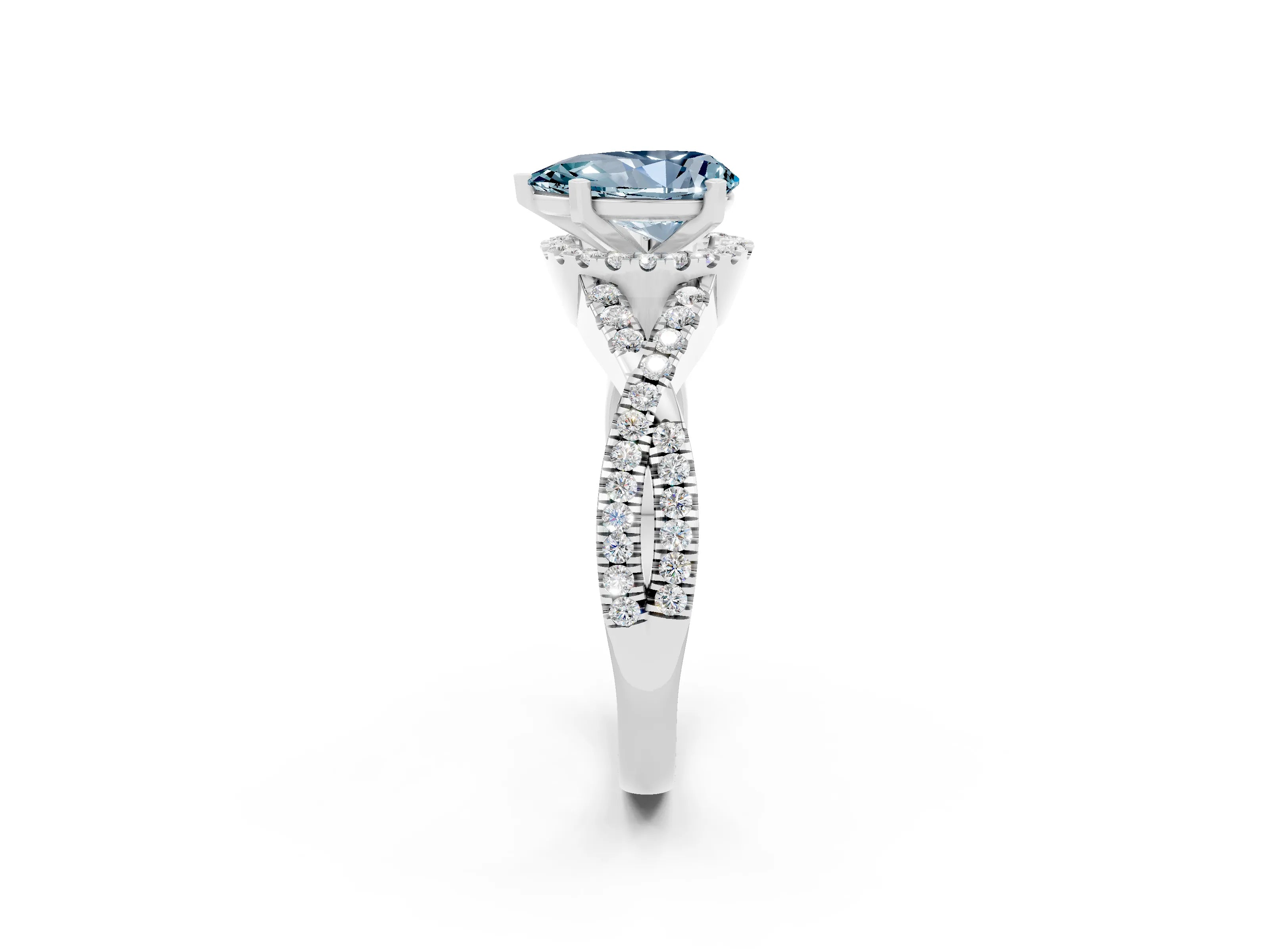 White gold Pear Cut Aquamarine Halo Twist Band Solitaire Prong Setting Ring_2