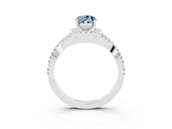 Platinum Pear Cut Aquamarine  Halo Twist Band Solitaire Prong Setting Ring