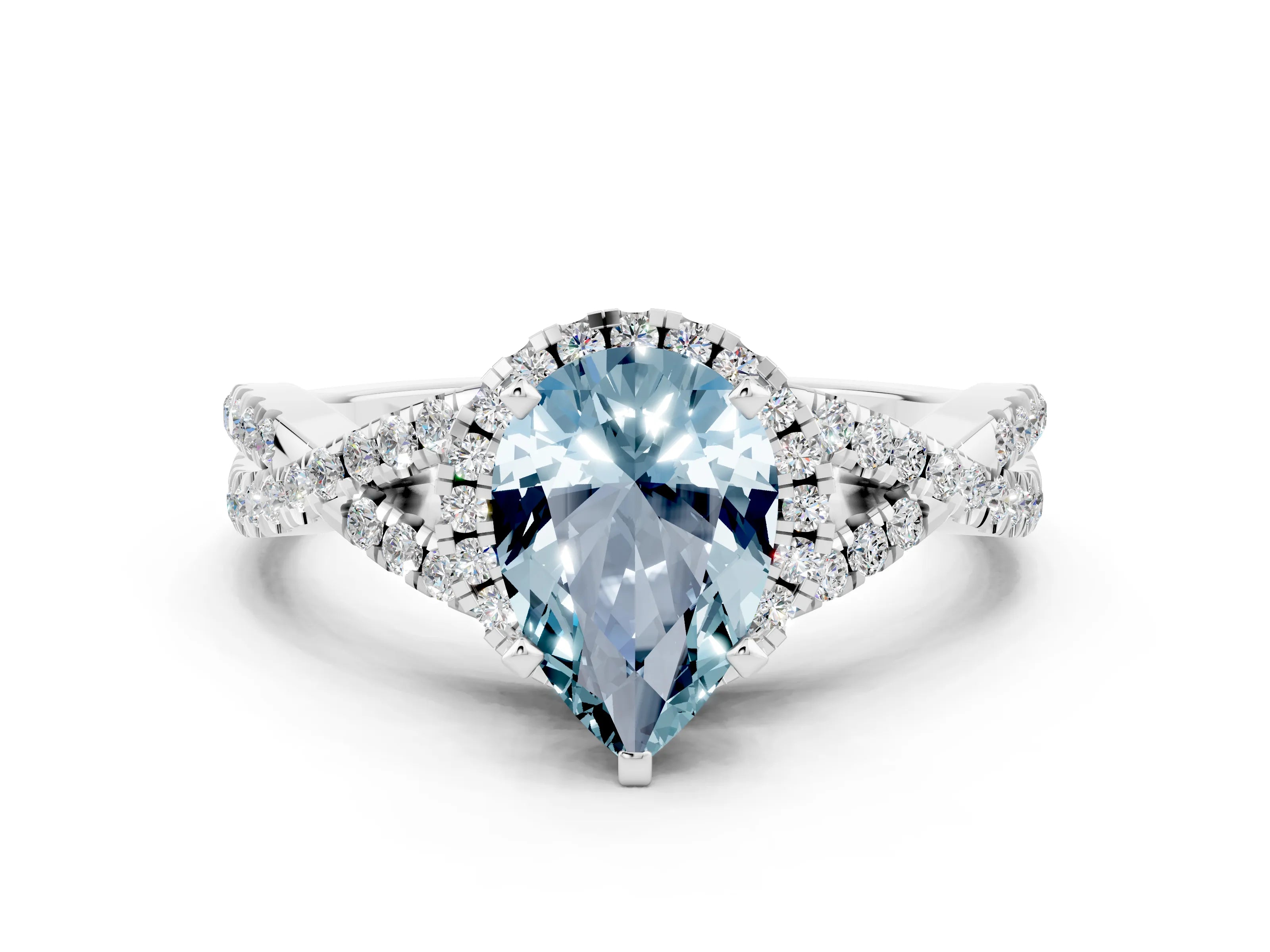 White gold Pear Cut Aquamarine Halo Twist Band Solitaire Prong Setting Ring