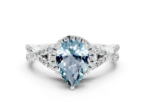 White gold Pear Cut Aquamarine Halo Twist Band Solitaire Prong Setting Ring