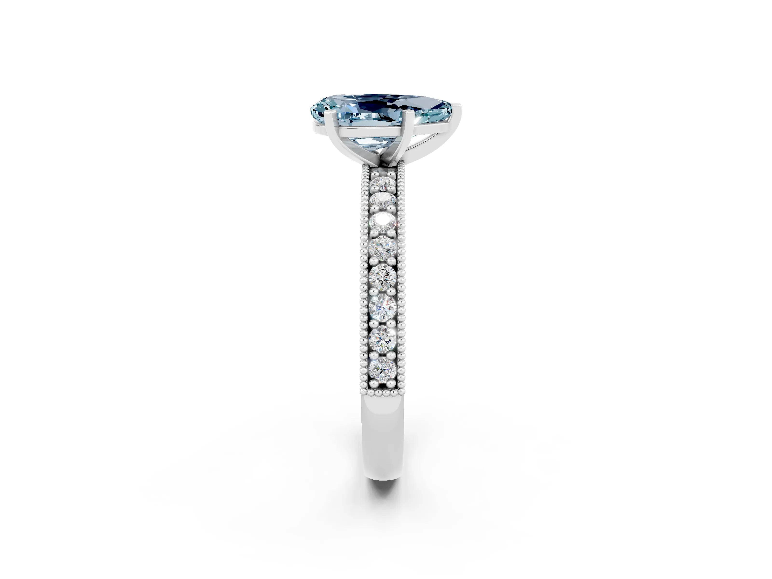 White gold Pear Cut Aquamarine Milgrain Pavé Engagement Ring with Four-Prong Setting_2