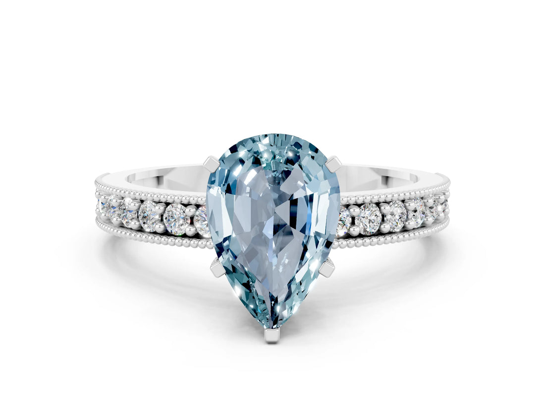White gold Pear Cut Aquamarine Milgrain Pavé Engagement Ring with Four-Prong Setting