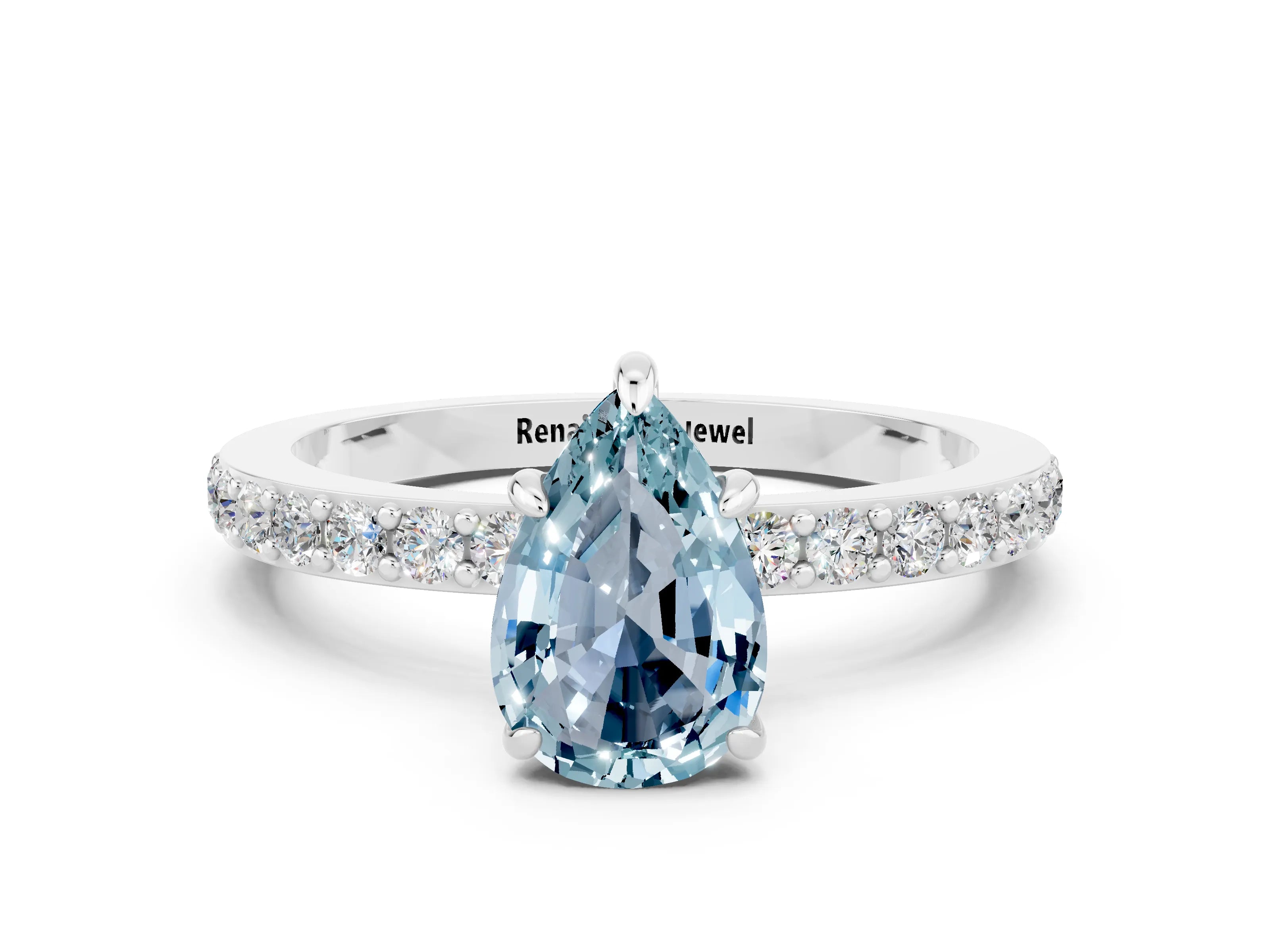 White gold Pear Cut Aquamarine Pavé Engagement Ring with Round  Accents and Prong Setting_24