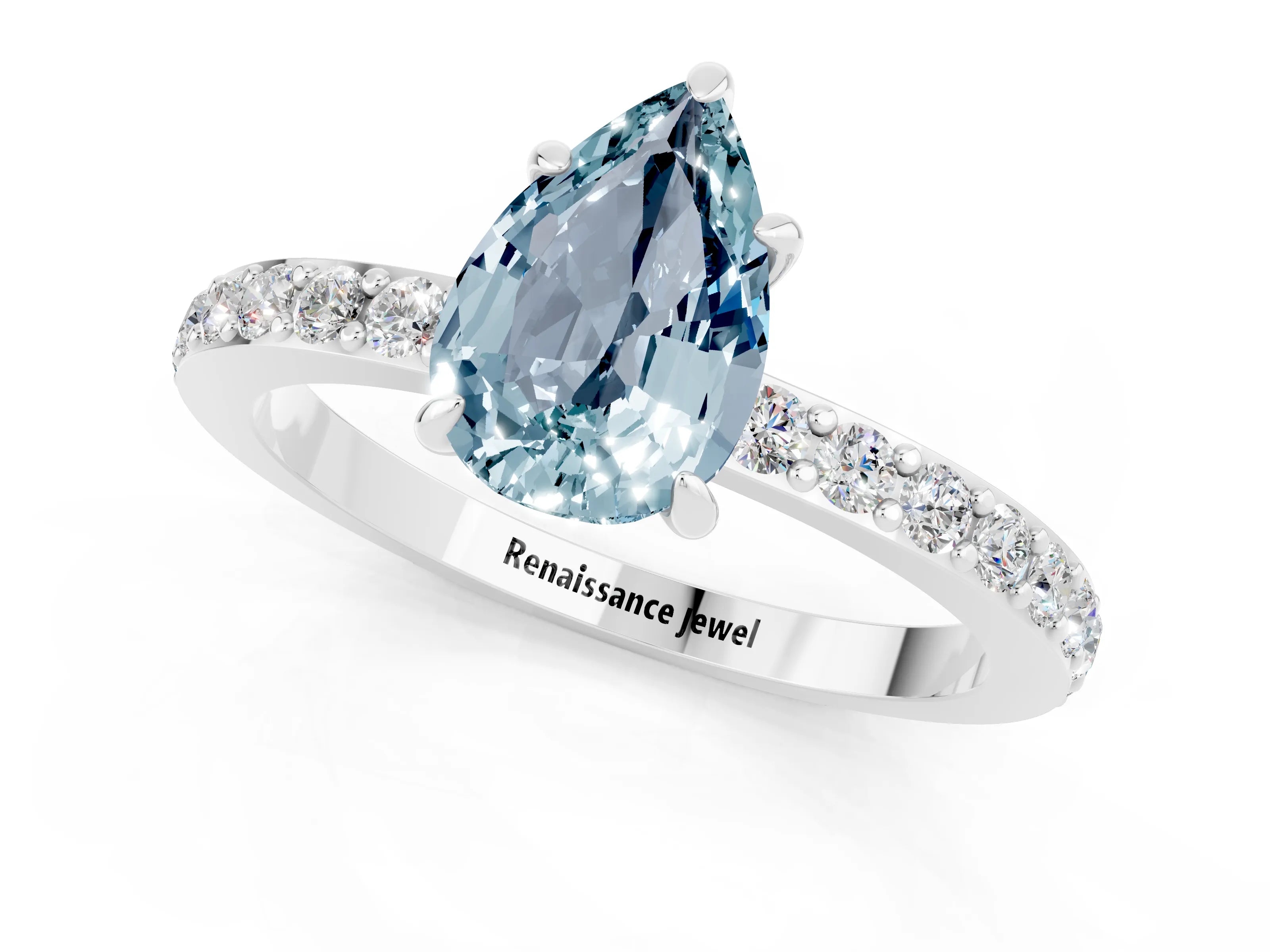 White gold Pear Cut Aquamarine Pavé Engagement Ring with Round  Accents and Prong Setting_25