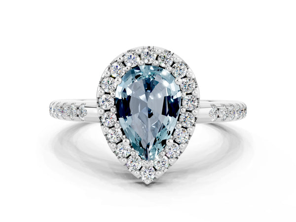 White gold Pear Cut Aquamarine Pavé Halo Ring with Four-Prong Setting