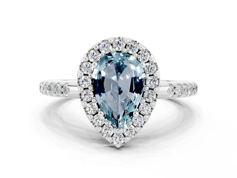 White gold Pear Cut Aquamarine Pavé Halo Ring with Four-Prong Setting_12
