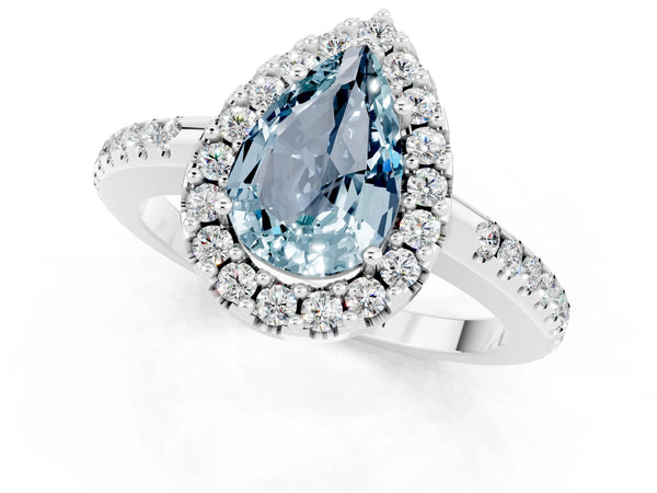 Platinum Pear Cut Aquamarine Pavé Halo Ring with Four-Prong Setting