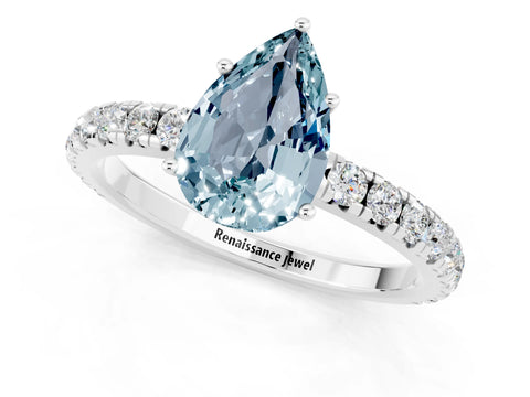 White gold Pear Cut Aquamarine Pavé Solitaire Engagement Ring with Four-Prong Setting_13