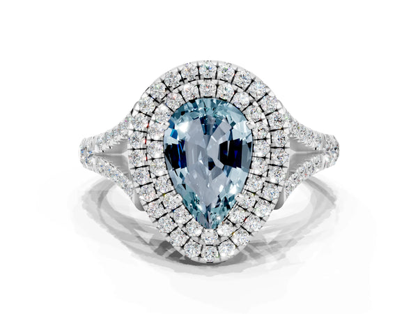White gold Pear Cut Aquamarine Pavé Split Shank Double Halo Engagement Ring