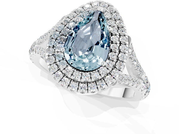 Silver Pear Cut Aquamarine Pavé Split Shank Double Halo Engagement Ring
