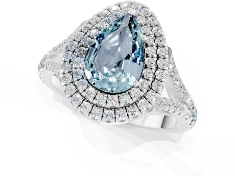 White gold Pear Cut Aquamarine Pavé Split Shank Double Halo Engagement Ring_1