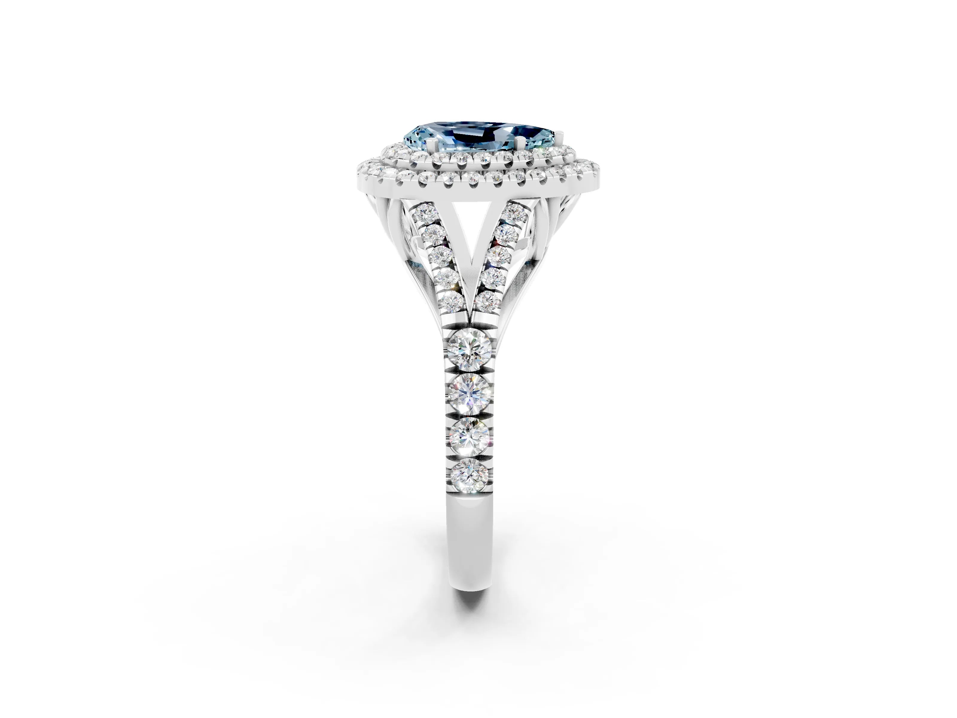 White gold Pear Cut Aquamarine Pavé Split Shank Double Halo Engagement Ring_2
