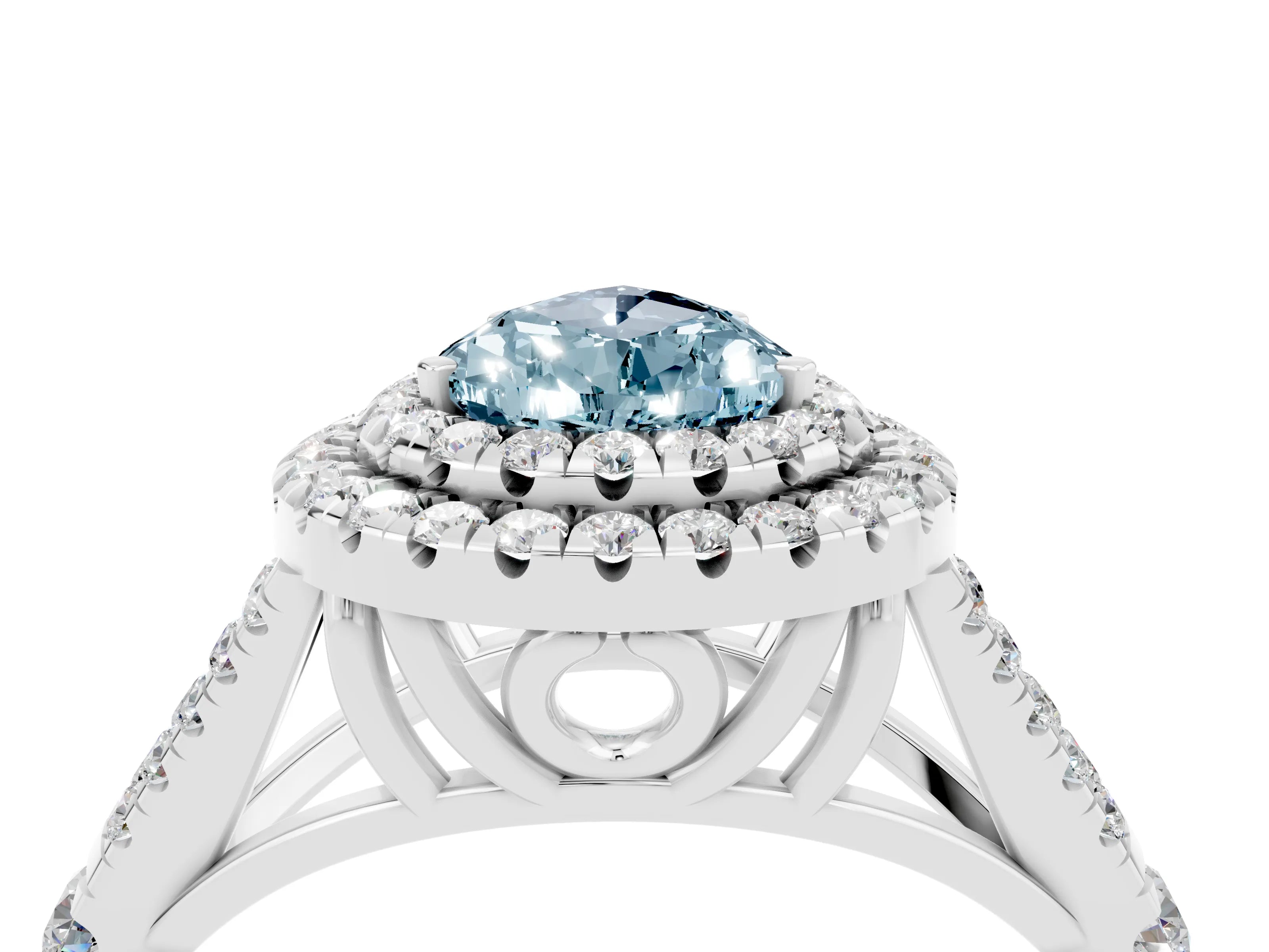 White gold Pear Cut Aquamarine Pavé Split Shank Double Halo Engagement Ring_4
