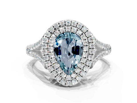 White gold Pear Cut Aquamarine Pavé Split Shank Double Halo Engagement Ring