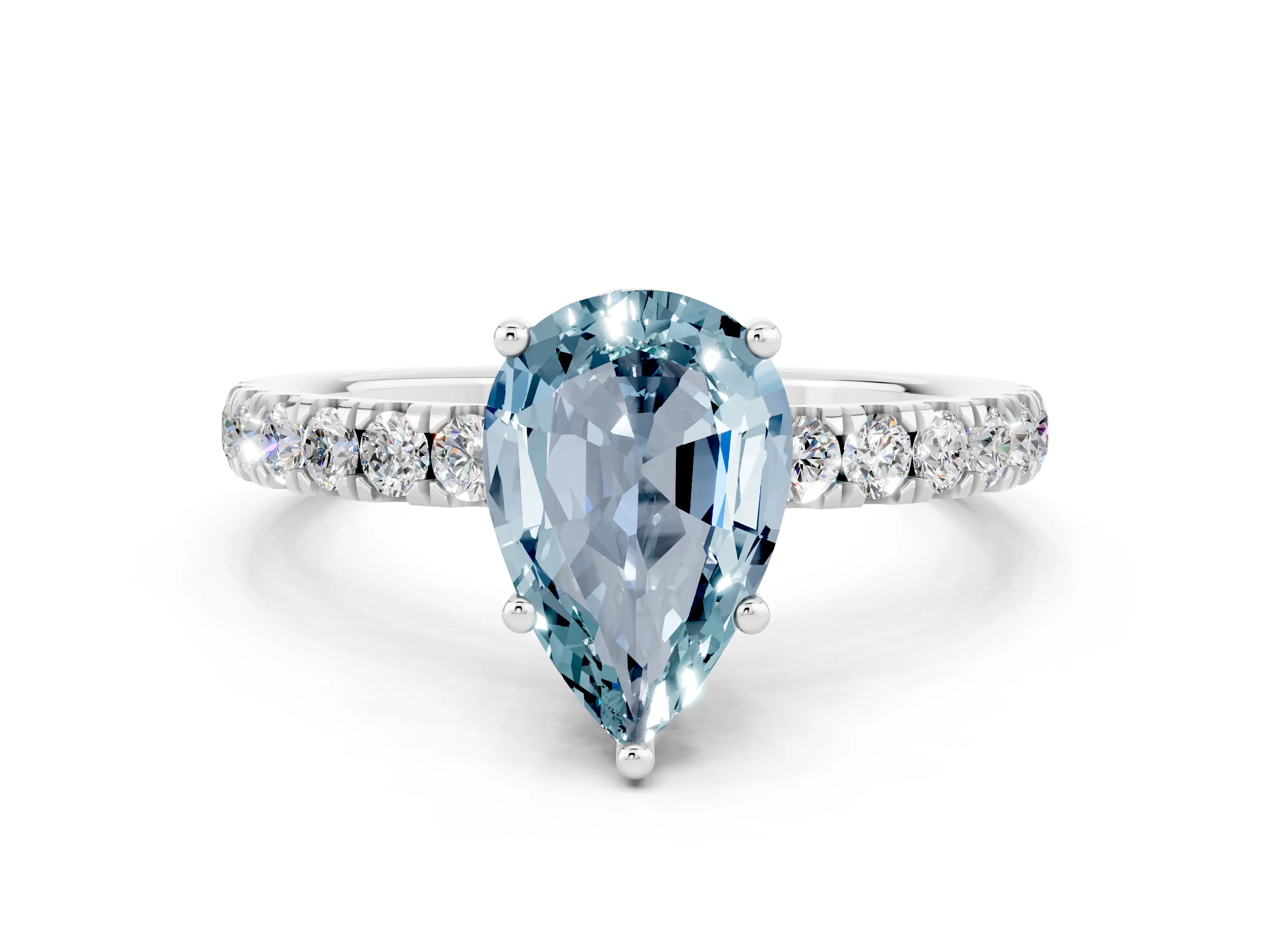 White gold Pear Cut Aquamarine Pave Band Solitaire Ring with Four-Prong Setting_12