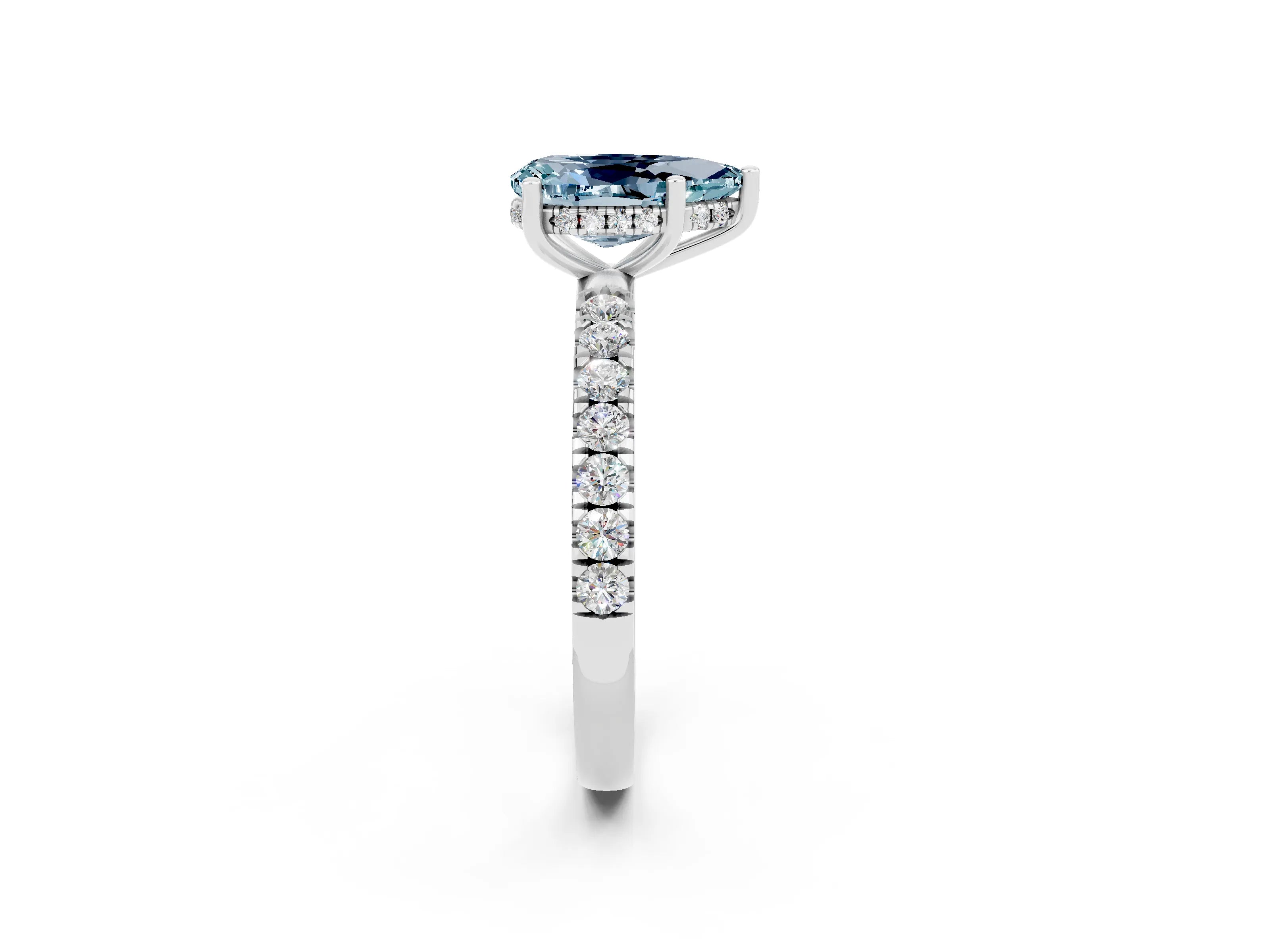 White gold Pear Cut Aquamarine Pave Band Solitaire Ring with Four-Prong Setting_14