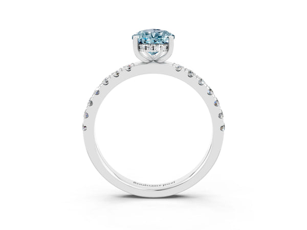 Silver Pear Cut Aquamarine Pave Band Solitaire Ring with Round  and Prong Setting
