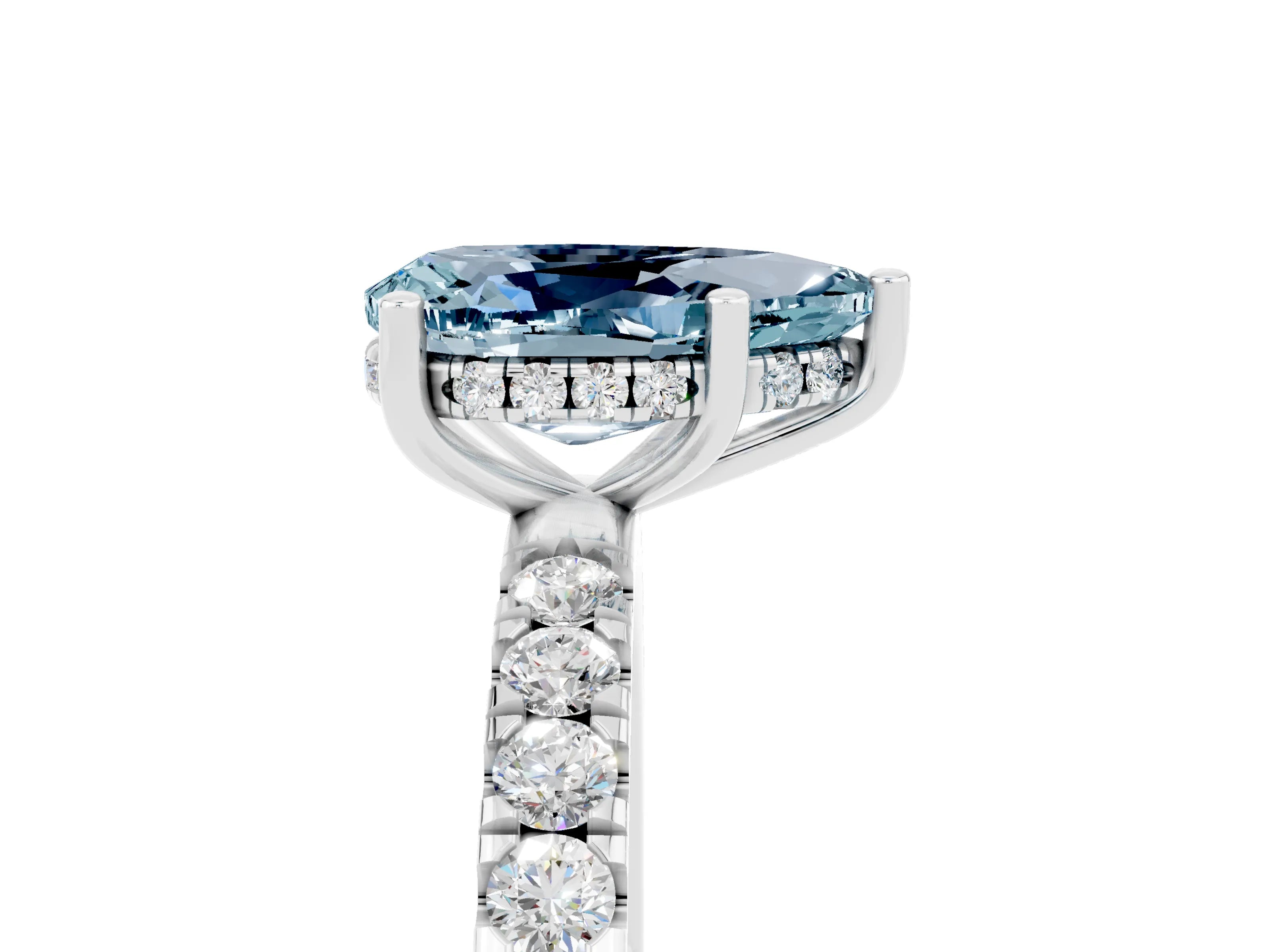 White gold Pear Cut Aquamarine Pave Band Solitaire Ring with Four-Prong Setting_17