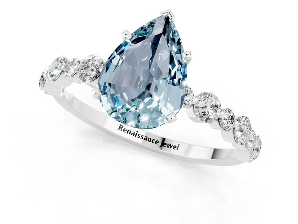 Platinum Pear Cut Aquamarine Prong Set Engagement Ring with Pavé Band
