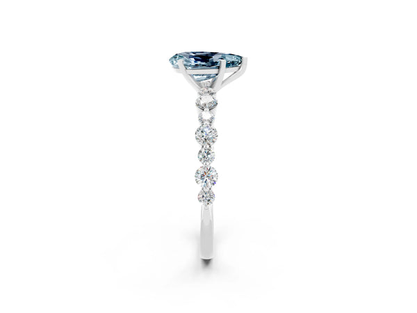 Silver Pear Cut Aquamarine Prong Set Engagement Ring with Pavé Band
