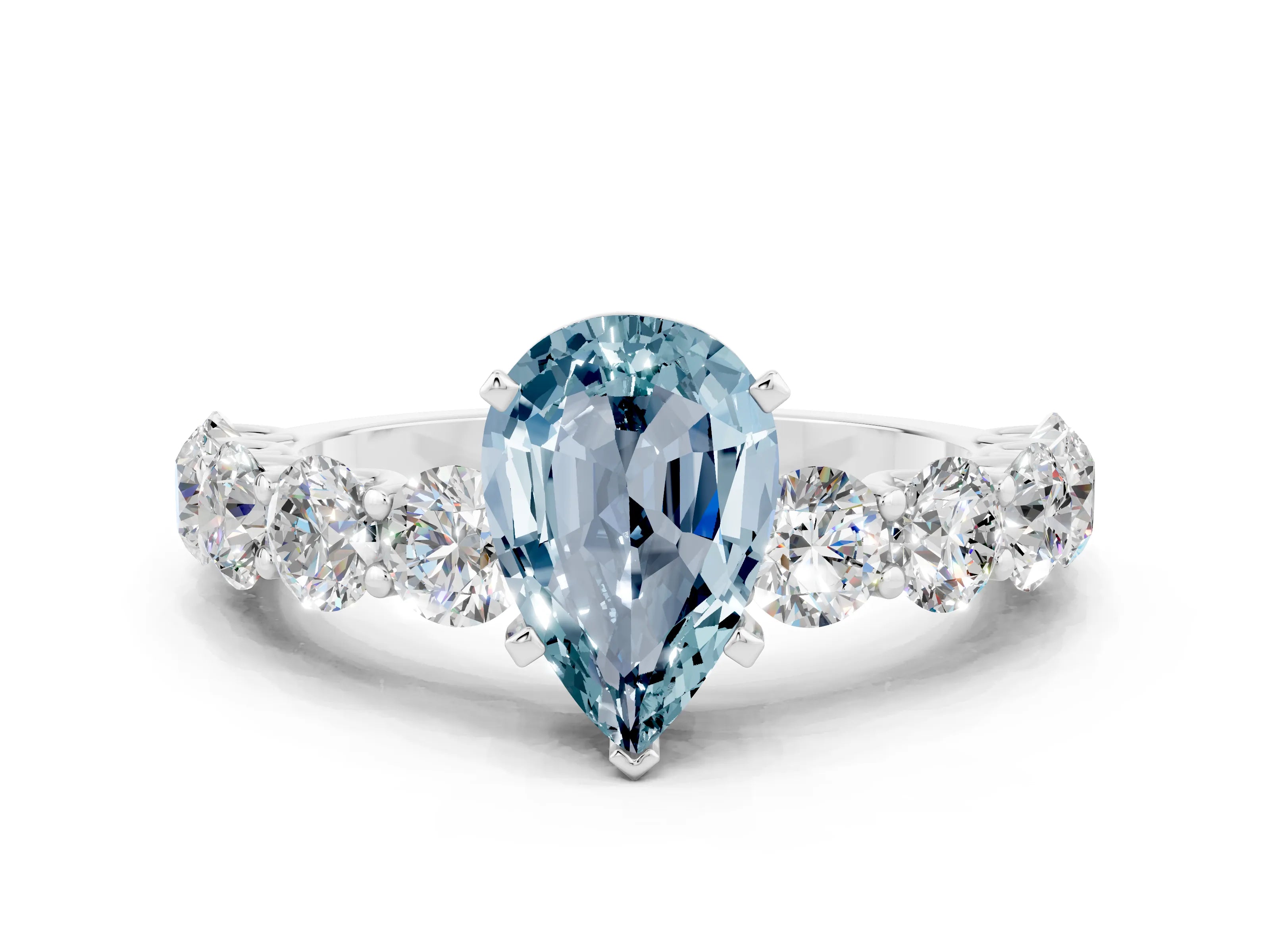 White gold Pear Cut Aquamarine Prong Setting with Side Stones on a Pave Band
