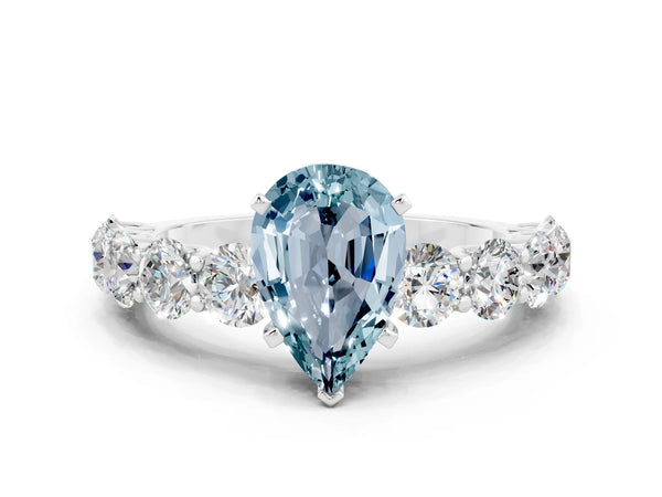 Platinum Pear Cut Aquamarine Prong Setting with Side Stones on a Pave Band
