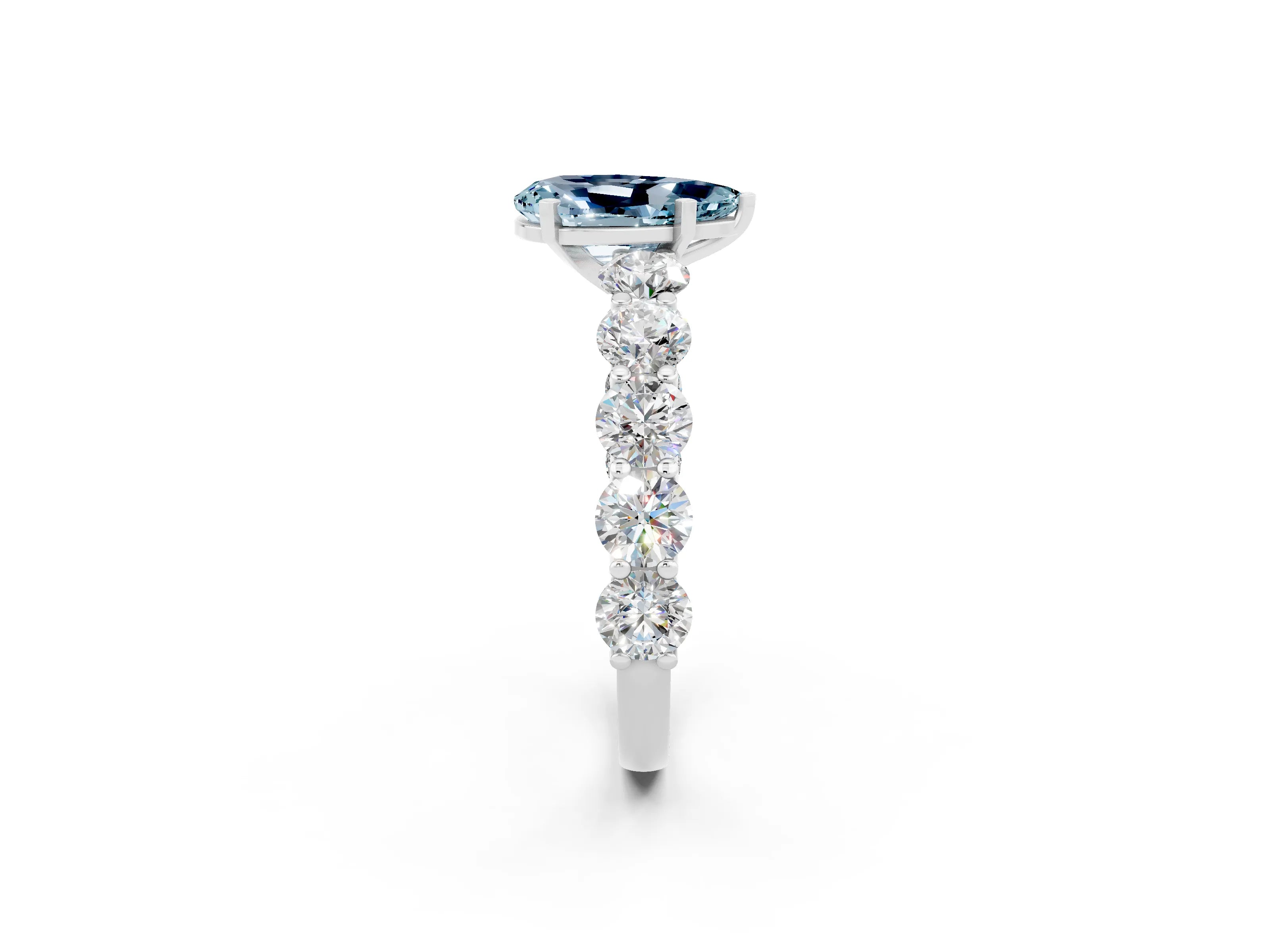 White gold Pear Cut Aquamarine Prong Setting with Side Stones on a Pave Band_2