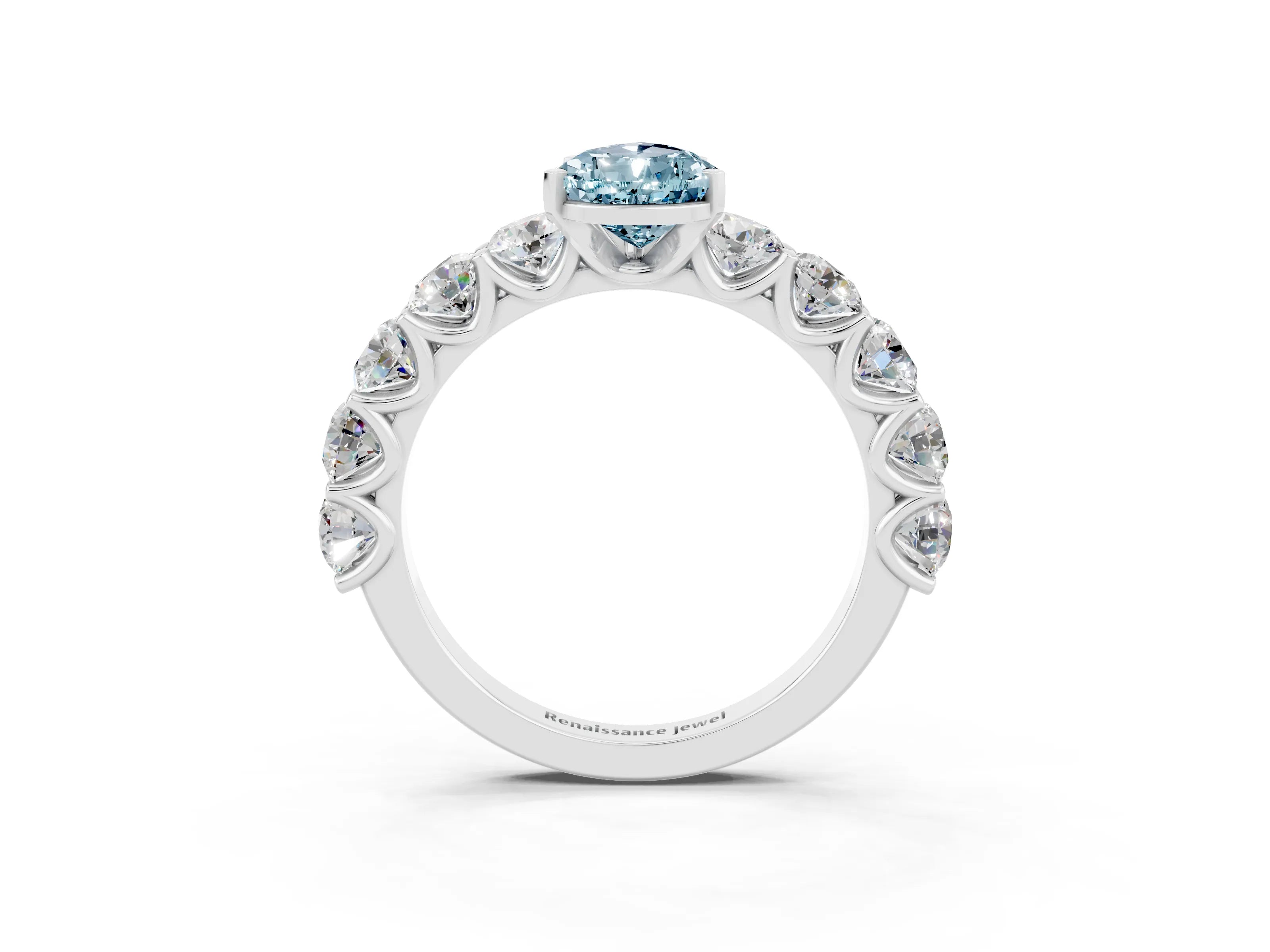 White gold Pear Cut Aquamarine Prong Setting with Side Stones on a Pave Band_3