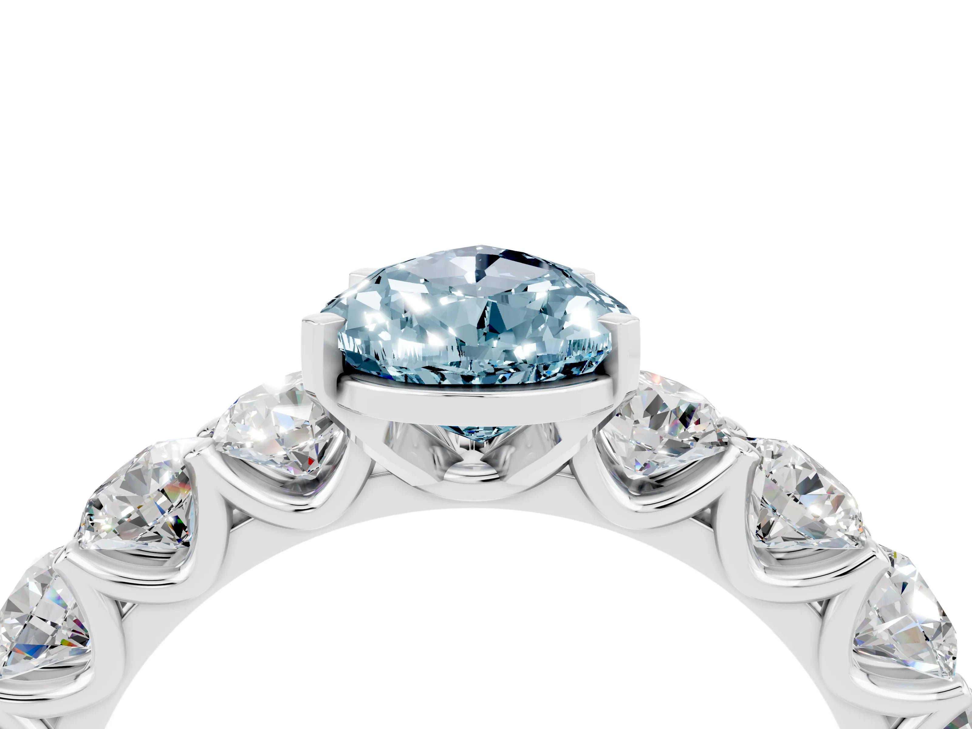 White gold Pear Cut Aquamarine Prong Setting with Side Stones on a Pave Band_4