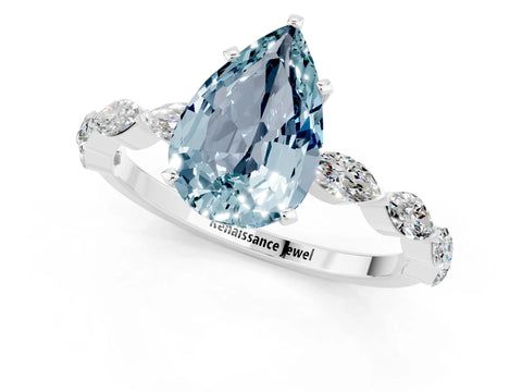 White gold Pear Cut Aquamarine Ring with Marquise Side Stones and Prong Setting_1