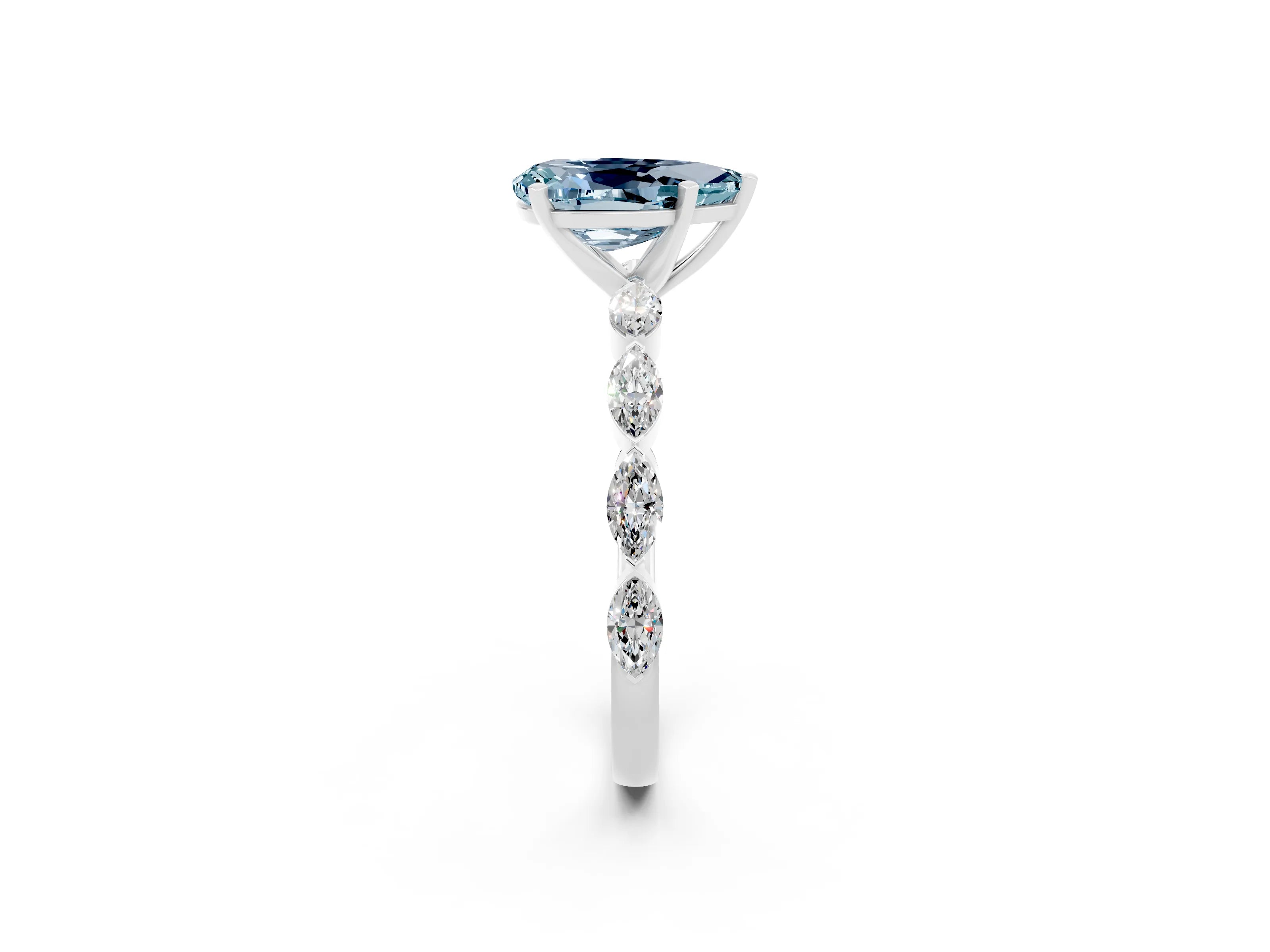 White gold Pear Cut Aquamarine Ring with Marquise Side Stones and Prong Setting_2