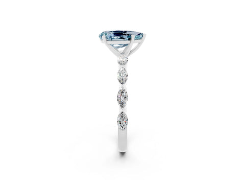 White gold Pear Cut Aquamarine Ring with Marquise Side Stones and Prong Setting_2