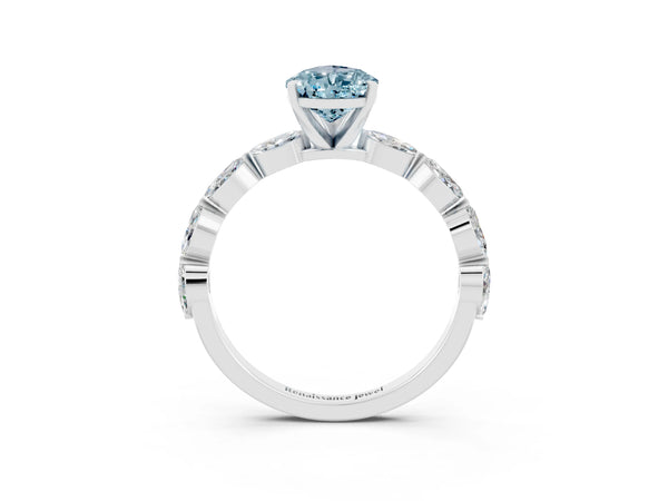 White gold Pear Cut Aquamarine Ring with Marquise Side Stones and Prong Setting