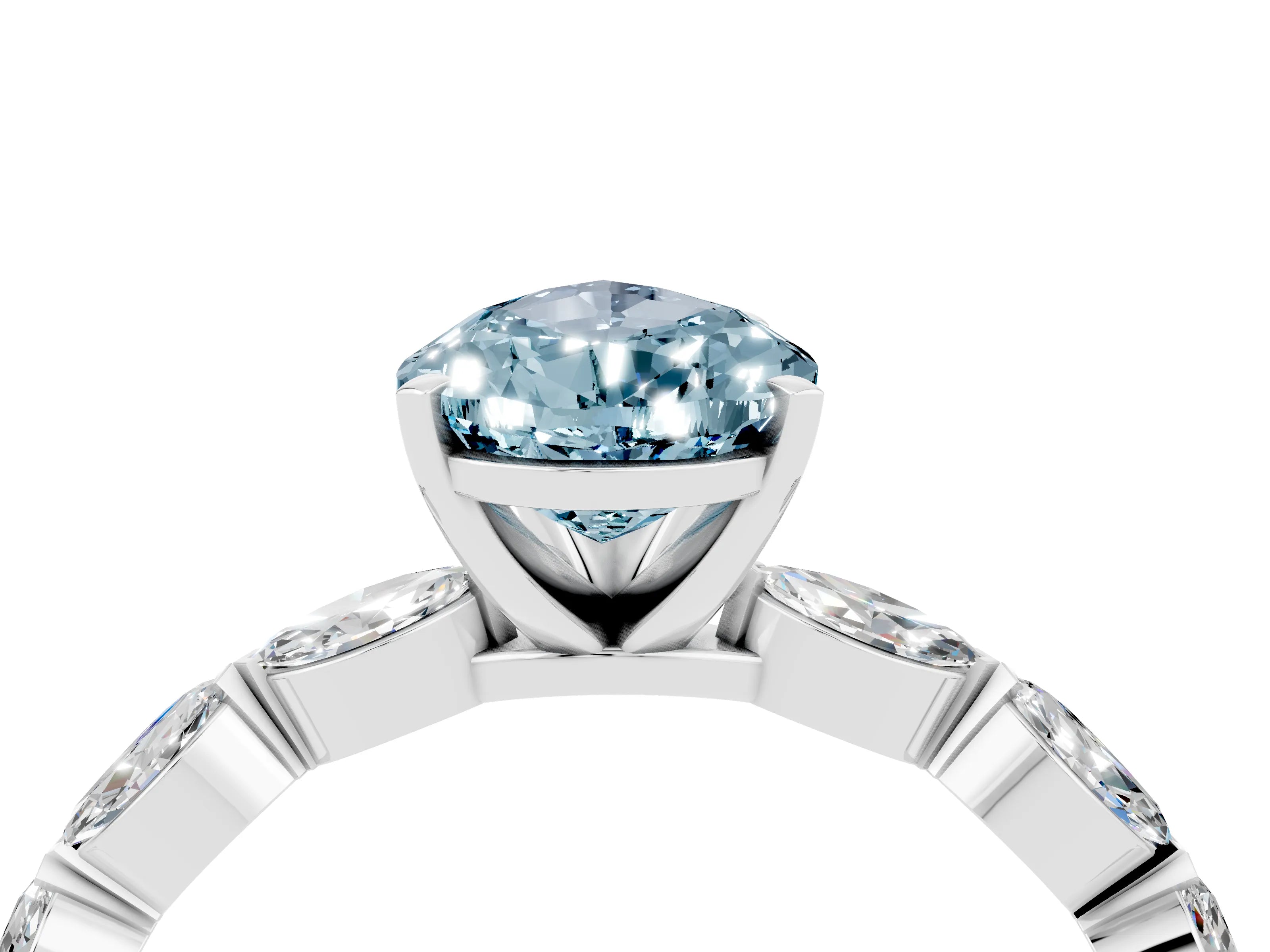 White gold Pear Cut Aquamarine Ring with Marquise Side Stones and Prong Setting_4