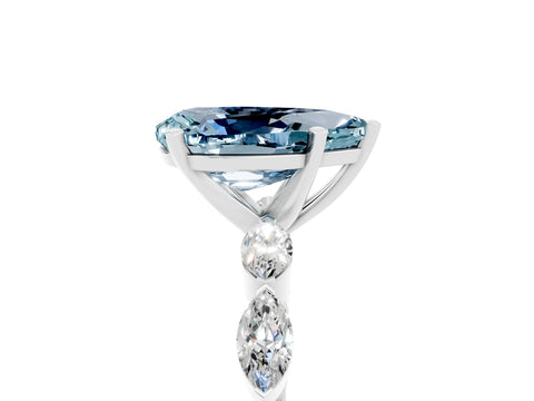 White gold Pear Cut Aquamarine Ring with Marquise Side Stones and Prong Setting_5