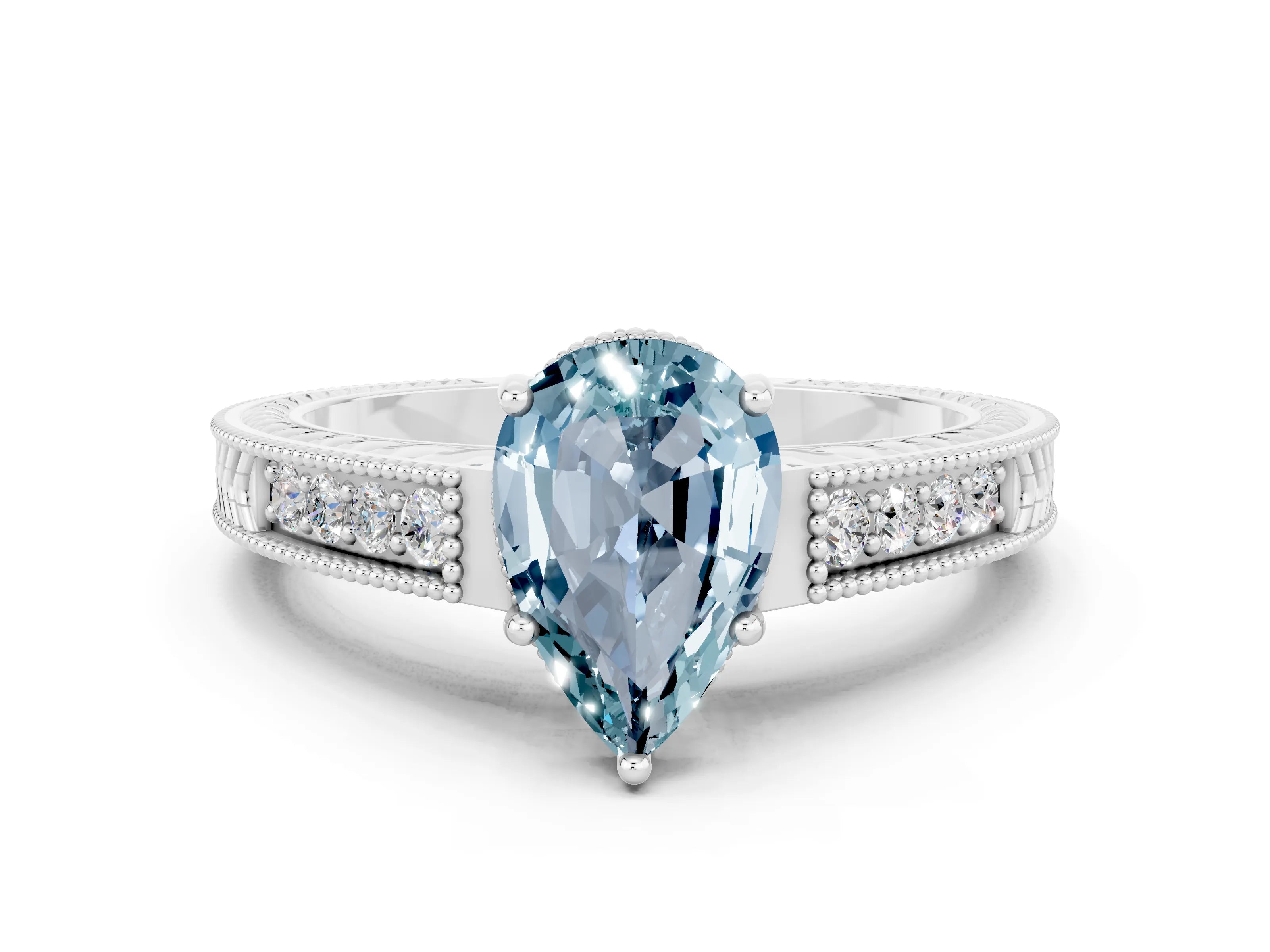 White gold Pear Cut Aquamarine Ring with Milgrain Pavé Band and Four-Prong Setting_12
